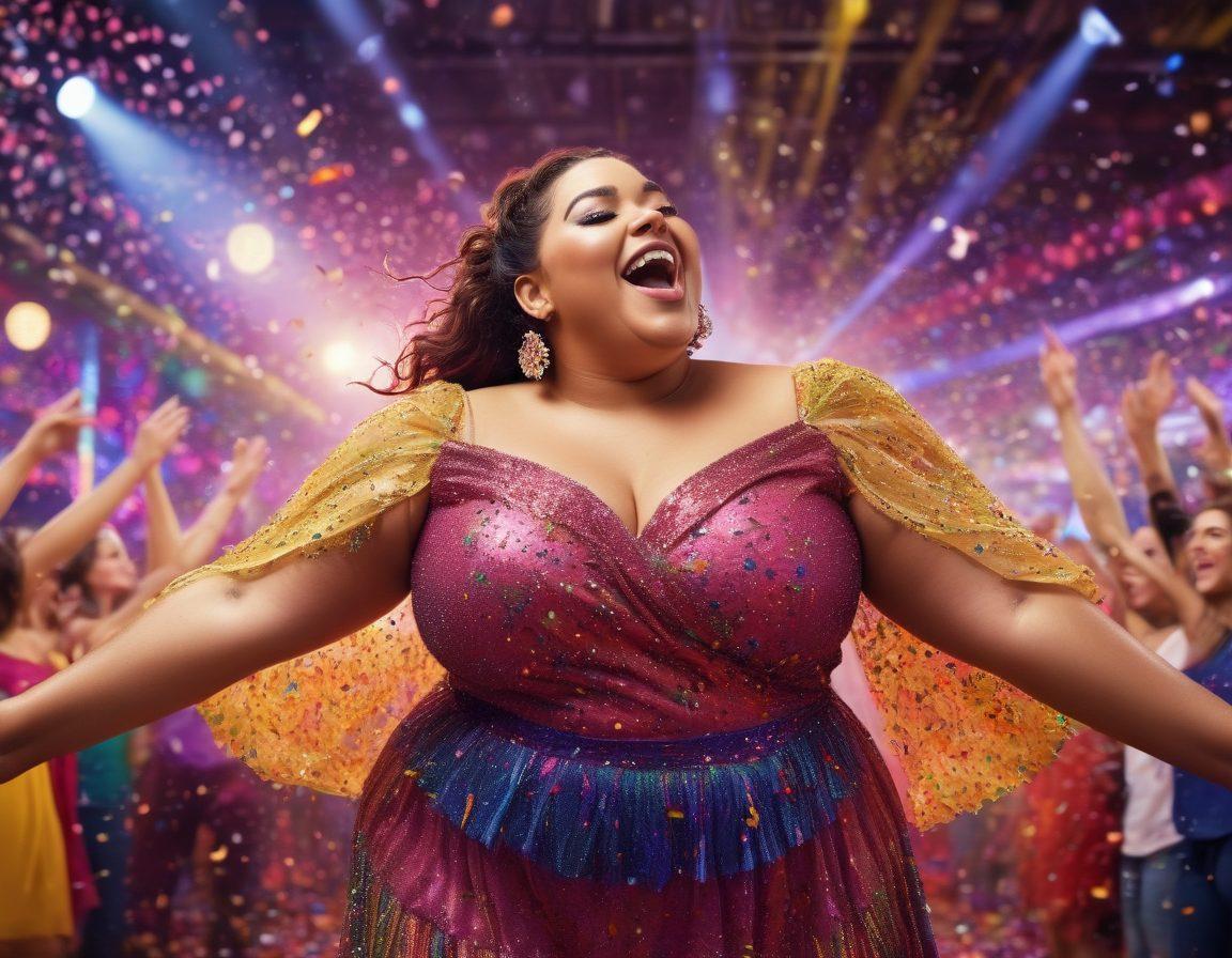 A radiant plus-size performer in a vibrant outfit, exuding confidence and joy, surrounded by colorful confetti and cheerful decorations. In the background, a lively crowd enjoying the performance, with a spotlight illuminating the entertainer. The atmosphere should be filled with warmth and celebration, showcasing body positivity and empowerment. super-realistic. vibrant colors. festive atmosphere.