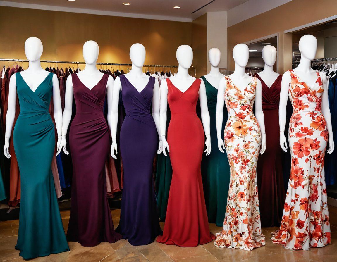 A stunning display of vibrant curvy mannequins in a chic boutique, surrounded by lush fabrics and a variety of elegant apparel. Soft lighting enhances their silhouettes, creating an inviting and sensual atmosphere. The scene embodies confidence and beauty, with subtle floral accents in the background. The color palette includes rich jewel tones. glamorous fashion photography. vibrant colors. soft focus.